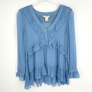 Sundance Blue Crepe Silk Ruffled Blouse Size Small